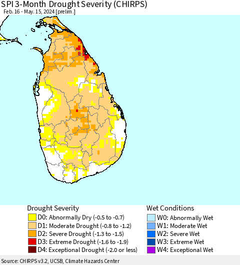 Sri Lanka SPI 3-Month Drought Severity (CHIRPS) Thematic Map For 2/16/2024 - 5/15/2024
