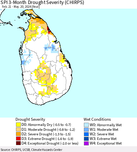 Sri Lanka SPI 3-Month Drought Severity (CHIRPS) Thematic Map For 2/21/2024 - 5/20/2024