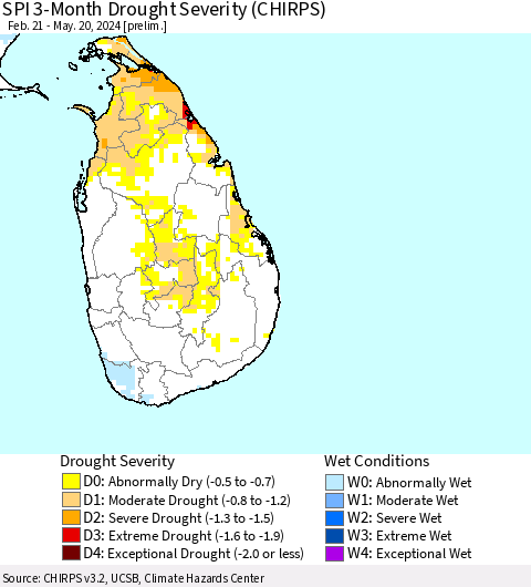 Sri Lanka SPI 3-Month Drought Severity (CHIRPS) Thematic Map For 2/21/2024 - 5/20/2024