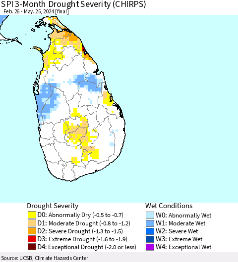 Sri Lanka SPI 3-Month Drought Severity (CHIRPS) Thematic Map For 2/26/2024 - 5/25/2024