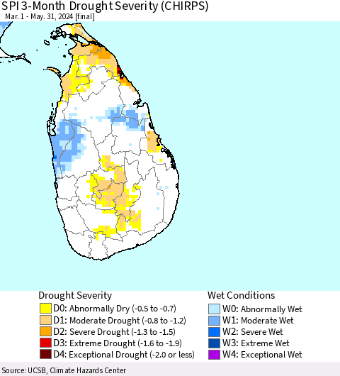 Sri Lanka SPI 3-Month Drought Severity (CHIRPS) Thematic Map For 3/1/2024 - 5/31/2024