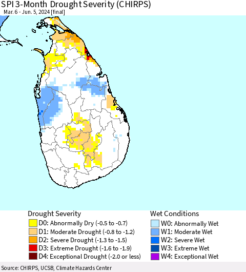 Sri Lanka SPI 3-Month Drought Severity (CHIRPS) Thematic Map For 3/6/2024 - 6/5/2024
