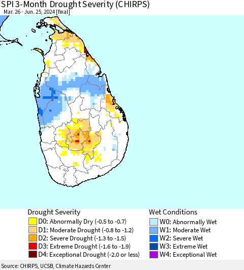 Sri Lanka SPI 3-Month Drought Severity (CHIRPS) Thematic Map For 3/26/2024 - 6/25/2024