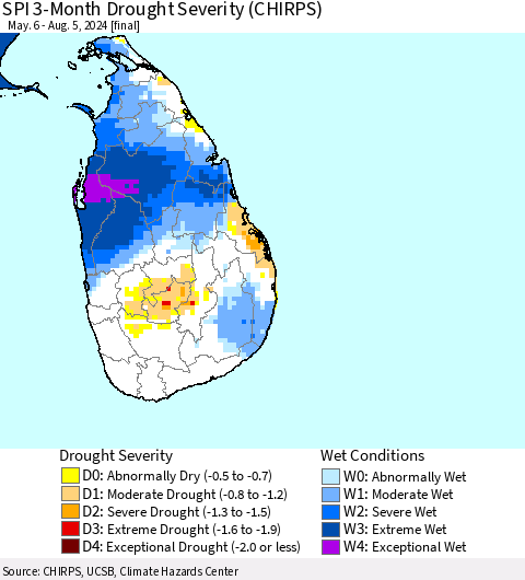 Sri Lanka SPI 3-Month Drought Severity (CHIRPS) Thematic Map For 5/6/2024 - 8/5/2024