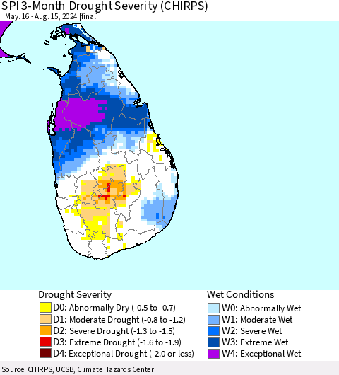 Sri Lanka SPI 3-Month Drought Severity (CHIRPS) Thematic Map For 5/16/2024 - 8/15/2024