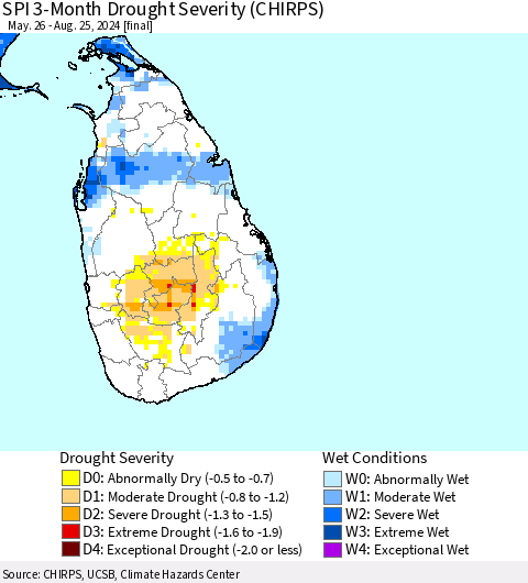 Sri Lanka SPI 3-Month Drought Severity (CHIRPS) Thematic Map For 5/26/2024 - 8/25/2024