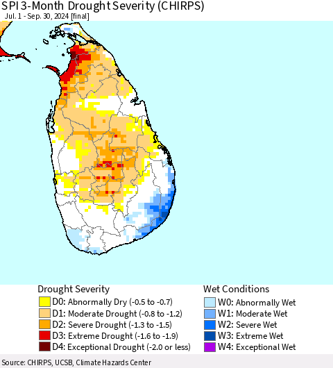 Sri Lanka SPI 3-Month Drought Severity (CHIRPS) Thematic Map For 7/1/2024 - 9/30/2024