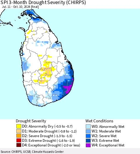 Sri Lanka SPI 3-Month Drought Severity (CHIRPS) Thematic Map For 7/11/2024 - 10/10/2024