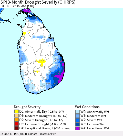 Sri Lanka SPI 3-Month Drought Severity (CHIRPS) Thematic Map For 7/16/2024 - 10/15/2024