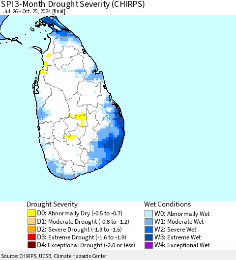 Sri Lanka SPI 3-Month Drought Severity (CHIRPS) Thematic Map For 7/26/2024 - 10/25/2024