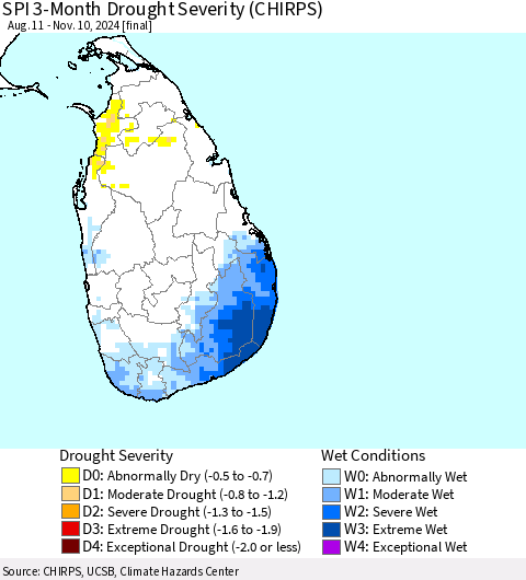 Sri Lanka SPI 3-Month Drought Severity (CHIRPS) Thematic Map For 8/11/2024 - 11/10/2024