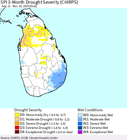 Sri Lanka SPI 3-Month Drought Severity (CHIRPS) Thematic Map For 8/21/2024 - 11/20/2024