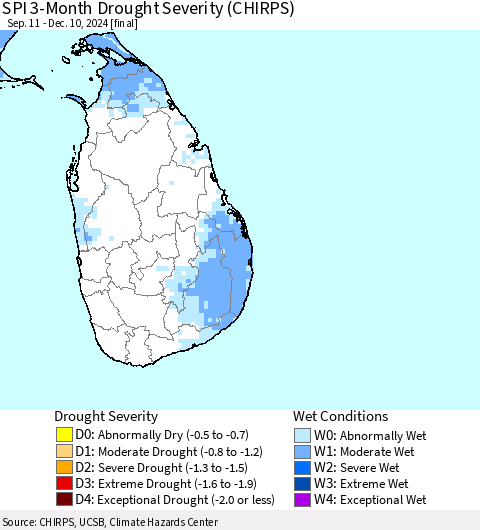 Sri Lanka SPI 3-Month Drought Severity (CHIRPS) Thematic Map For 9/11/2024 - 12/10/2024