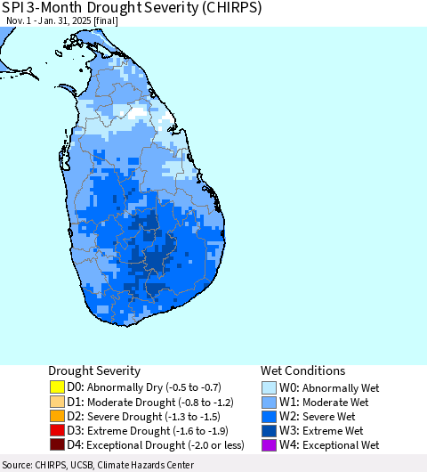 Sri Lanka SPI 3-Month Drought Severity (CHIRPS) Thematic Map For 11/1/2024 - 1/31/2025