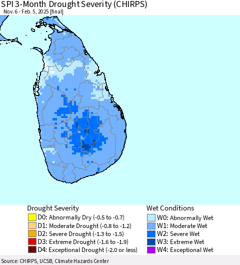 Sri Lanka SPI 3-Month Drought Severity (CHIRPS) Thematic Map For 11/6/2024 - 2/5/2025