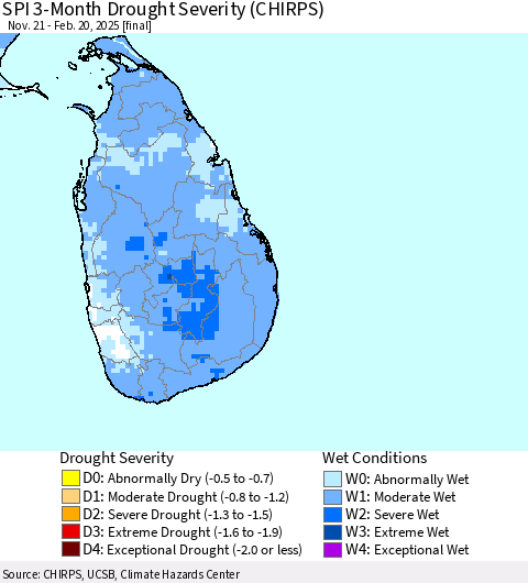 Sri Lanka SPI 3-Month Drought Severity (CHIRPS) Thematic Map For 11/21/2024 - 2/20/2025