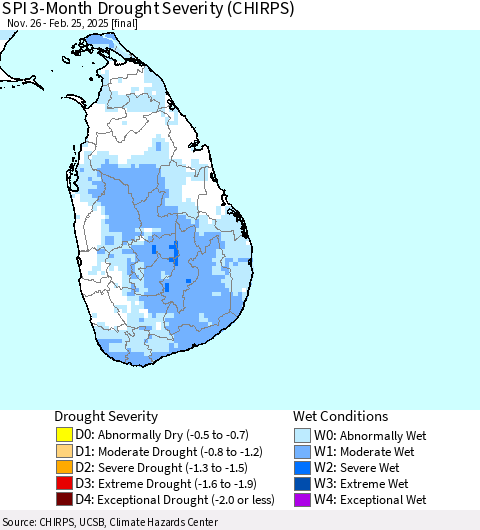Sri Lanka SPI 3-Month Drought Severity (CHIRPS) Thematic Map For 11/26/2024 - 2/25/2025