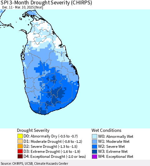 Sri Lanka SPI 3-Month Drought Severity (CHIRPS) Thematic Map For 12/11/2024 - 3/10/2025
