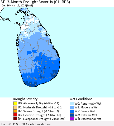 Sri Lanka SPI 3-Month Drought Severity (CHIRPS) Thematic Map For 12/16/2024 - 3/15/2025