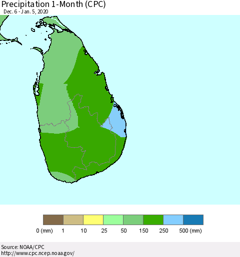 Sri Lanka Precipitation 1-Month (CPC) Thematic Map For 12/6/2019 - 1/5/2020