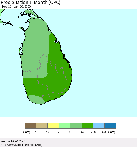 Sri Lanka Precipitation 1-Month (CPC) Thematic Map For 12/11/2019 - 1/10/2020
