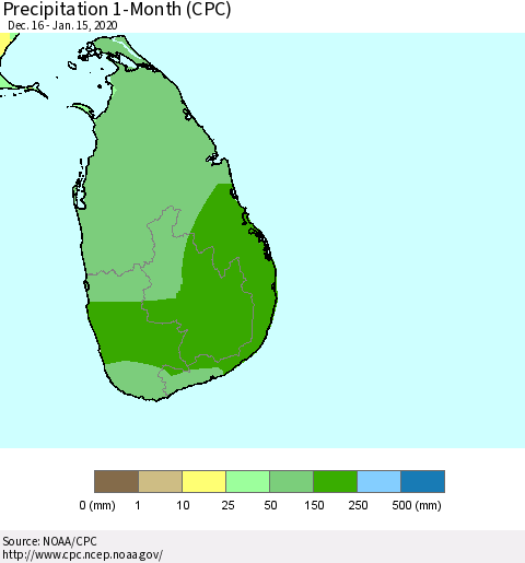 Sri Lanka Precipitation 1-Month (CPC) Thematic Map For 12/16/2019 - 1/15/2020