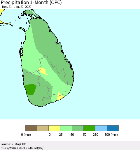 Sri Lanka Precipitation 1-Month (CPC) Thematic Map For 12/21/2019 - 1/20/2020