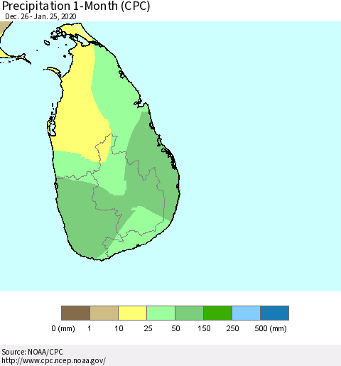 Sri Lanka Precipitation 1-Month (CPC) Thematic Map For 12/26/2019 - 1/25/2020
