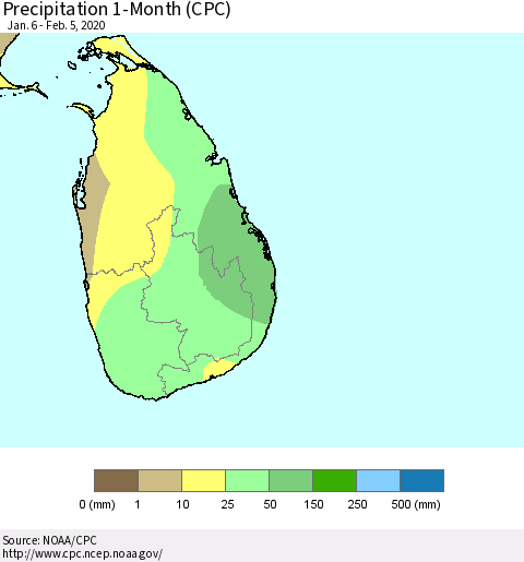 Sri Lanka Precipitation 1-Month (CPC) Thematic Map For 1/6/2020 - 2/5/2020