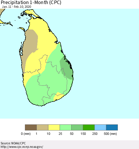 Sri Lanka Precipitation 1-Month (CPC) Thematic Map For 1/11/2020 - 2/10/2020