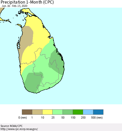 Sri Lanka Precipitation 1-Month (CPC) Thematic Map For 1/16/2020 - 2/15/2020