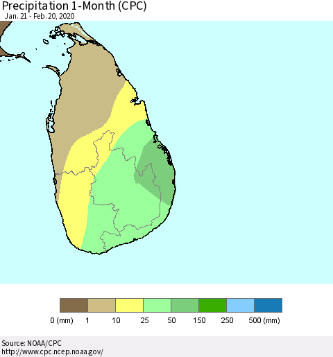 Sri Lanka Precipitation 1-Month (CPC) Thematic Map For 1/21/2020 - 2/20/2020