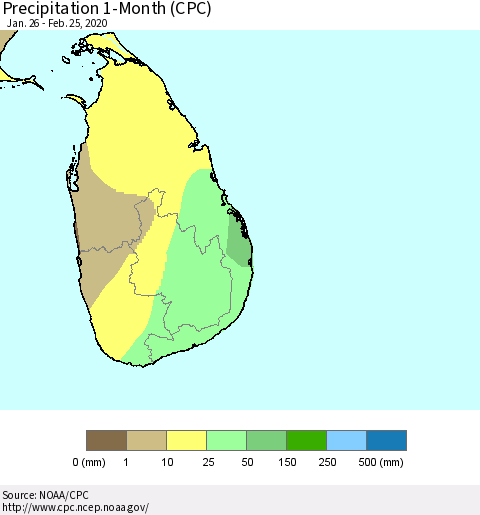 Sri Lanka Precipitation 1-Month (CPC) Thematic Map For 1/26/2020 - 2/25/2020