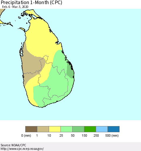 Sri Lanka Precipitation 1-Month (CPC) Thematic Map For 2/6/2020 - 3/5/2020