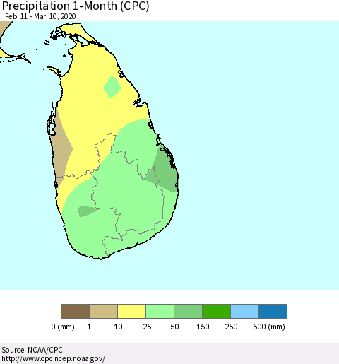 Sri Lanka Precipitation 1-Month (CPC) Thematic Map For 2/11/2020 - 3/10/2020