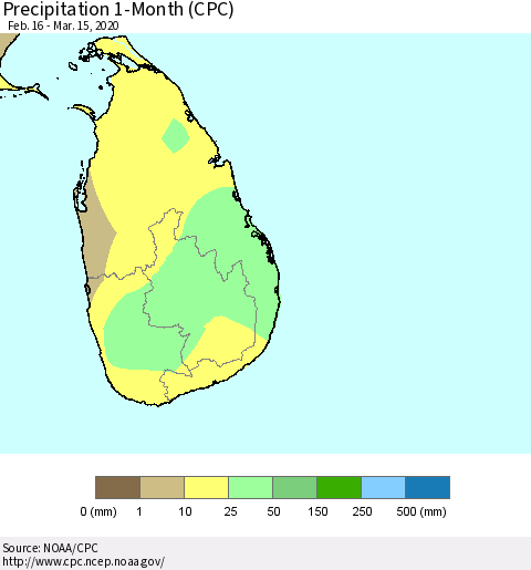 Sri Lanka Precipitation 1-Month (CPC) Thematic Map For 2/16/2020 - 3/15/2020