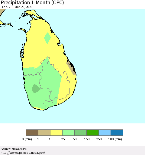 Sri Lanka Precipitation 1-Month (CPC) Thematic Map For 2/21/2020 - 3/20/2020