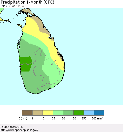 Sri Lanka Precipitation 1-Month (CPC) Thematic Map For 3/16/2020 - 4/15/2020