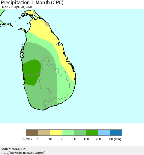 Sri Lanka Precipitation 1-Month (CPC) Thematic Map For 3/21/2020 - 4/20/2020