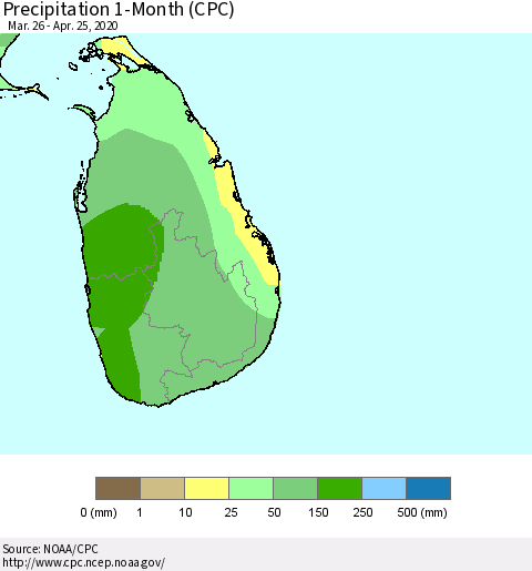 Sri Lanka Precipitation 1-Month (CPC) Thematic Map For 3/26/2020 - 4/25/2020
