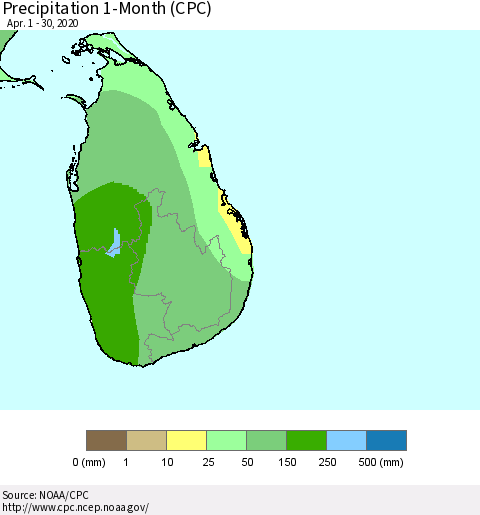 Sri Lanka Precipitation 1-Month (CPC) Thematic Map For 4/1/2020 - 4/30/2020