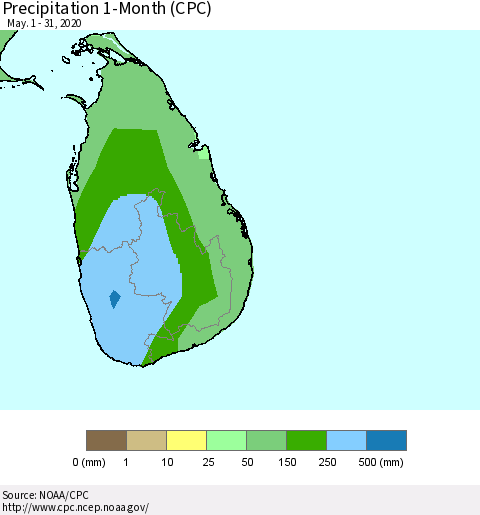 Sri Lanka Precipitation 1-Month (CPC) Thematic Map For 5/1/2020 - 5/31/2020