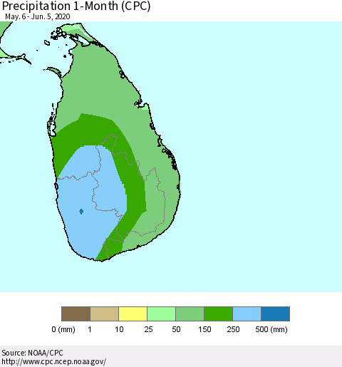 Sri Lanka Precipitation 1-Month (CPC) Thematic Map For 5/6/2020 - 6/5/2020