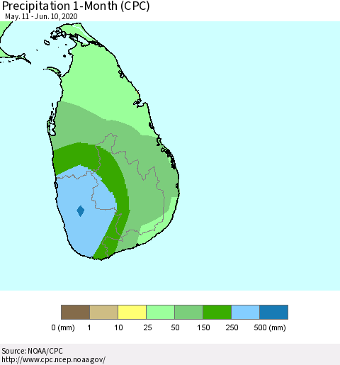 Sri Lanka Precipitation 1-Month (CPC) Thematic Map For 5/11/2020 - 6/10/2020