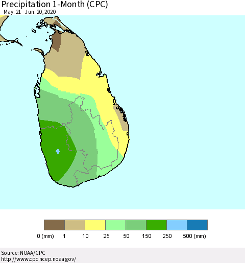 Sri Lanka Precipitation 1-Month (CPC) Thematic Map For 5/21/2020 - 6/20/2020