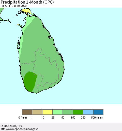 Sri Lanka Precipitation 1-Month (CPC) Thematic Map For 6/11/2020 - 7/10/2020
