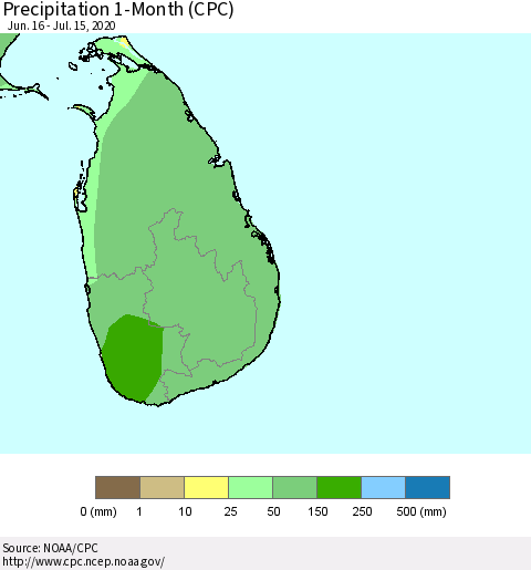 Sri Lanka Precipitation 1-Month (CPC) Thematic Map For 6/16/2020 - 7/15/2020