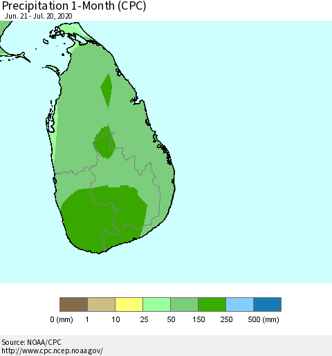 Sri Lanka Precipitation 1-Month (CPC) Thematic Map For 6/21/2020 - 7/20/2020