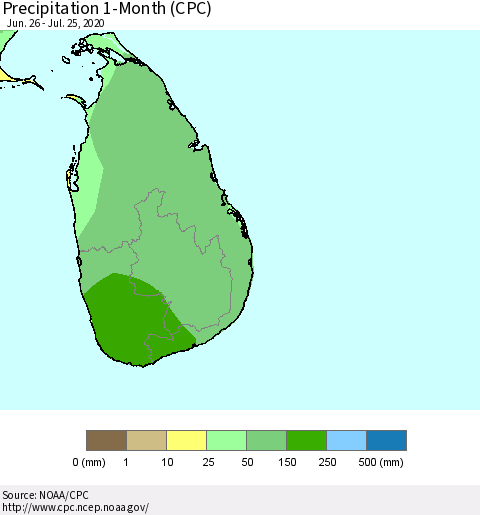 Sri Lanka Precipitation 1-Month (CPC) Thematic Map For 6/26/2020 - 7/25/2020