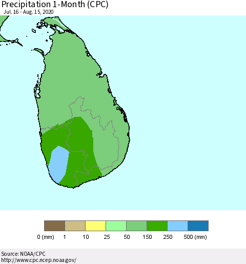 Sri Lanka Precipitation 1-Month (CPC) Thematic Map For 7/16/2020 - 8/15/2020